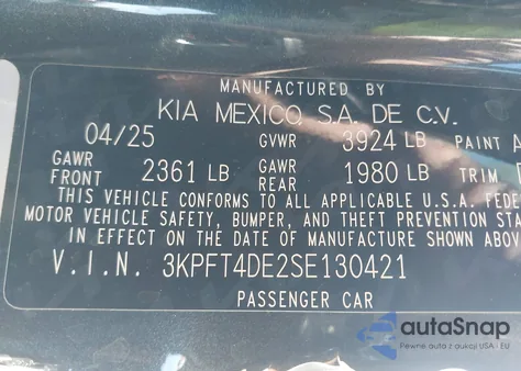 2025 Kia K4 Lxs from USA, damaged, VIN 3KPFT4DE2SE130421
